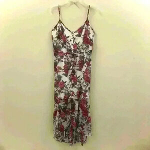 Nanette Lepore Maxi Dress 14 White Pink Green Spaghetti Strap Drawstring Hi Lo L